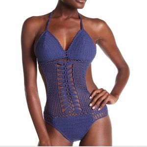 Beauty & the Beach Dark Blue Crochet One-Piece Bohemian Swimsuit
